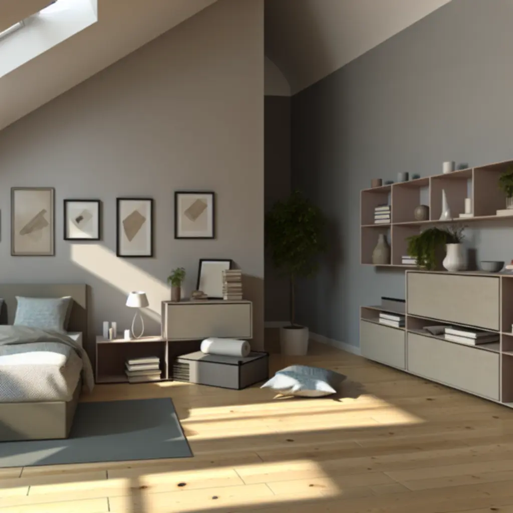 Wizualizacja sypialni z łóżkiem, szafą i komodą Doma Furni w neutralnych kolorach