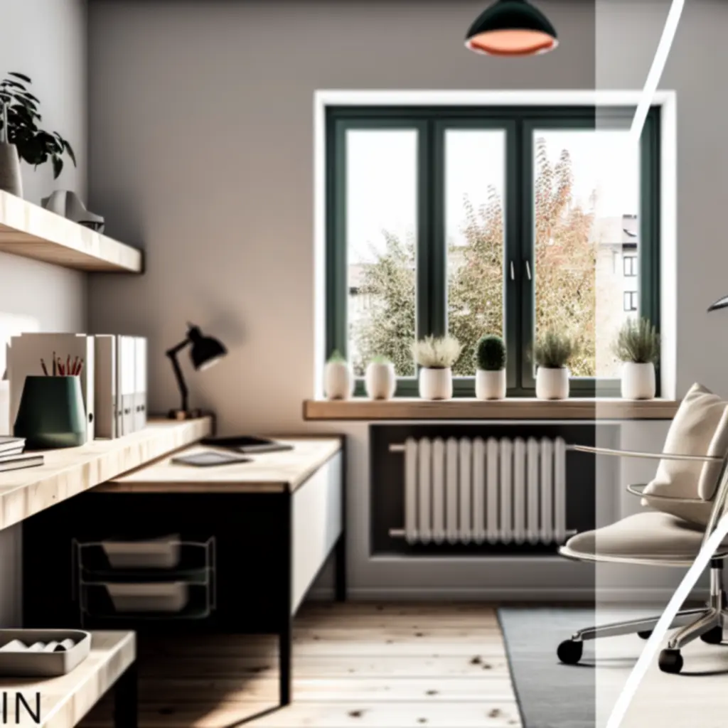 Przytulne domowe biuro z biurkiem, półkami i dekoracjami w neutralnych kolorach