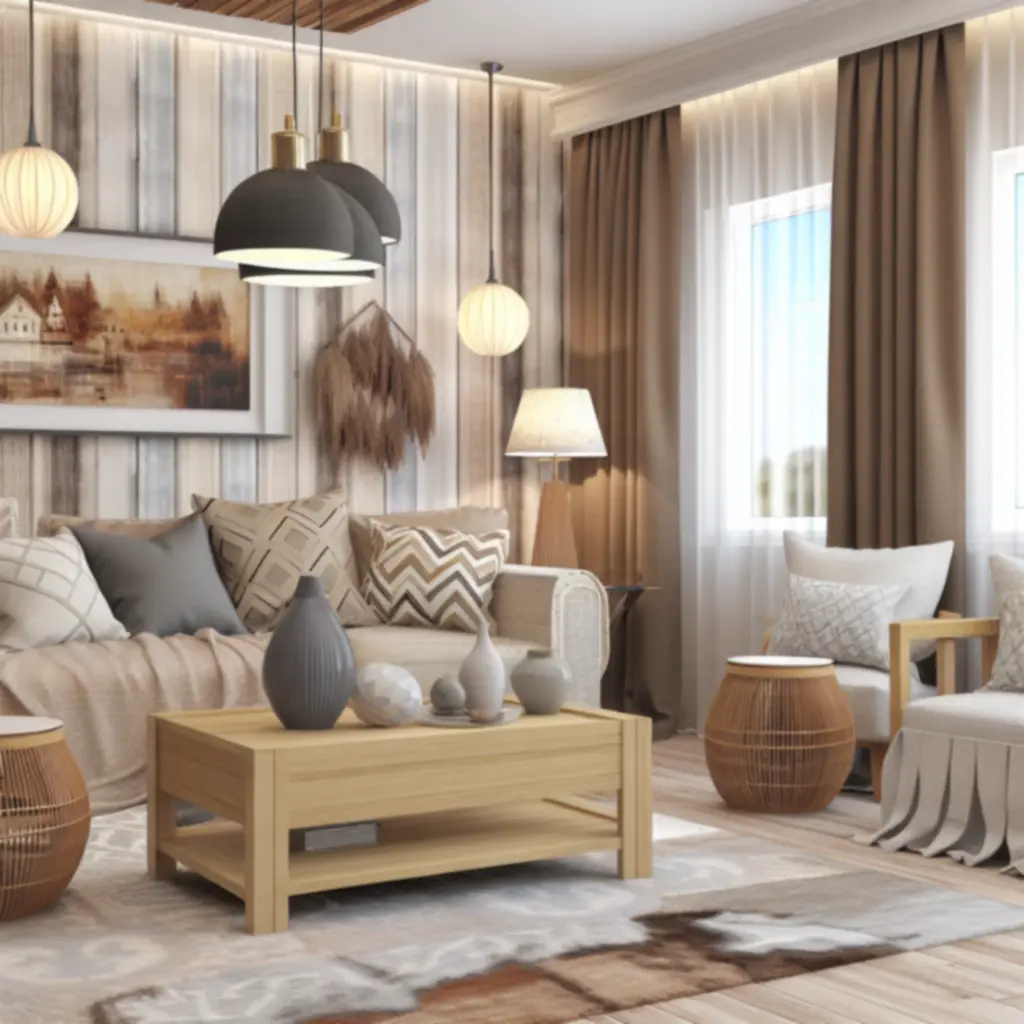 Przytulny polski salon urządzony meblami Doma Furni w neutralnych barwach i z ciepłymi drewnianymi akcentami