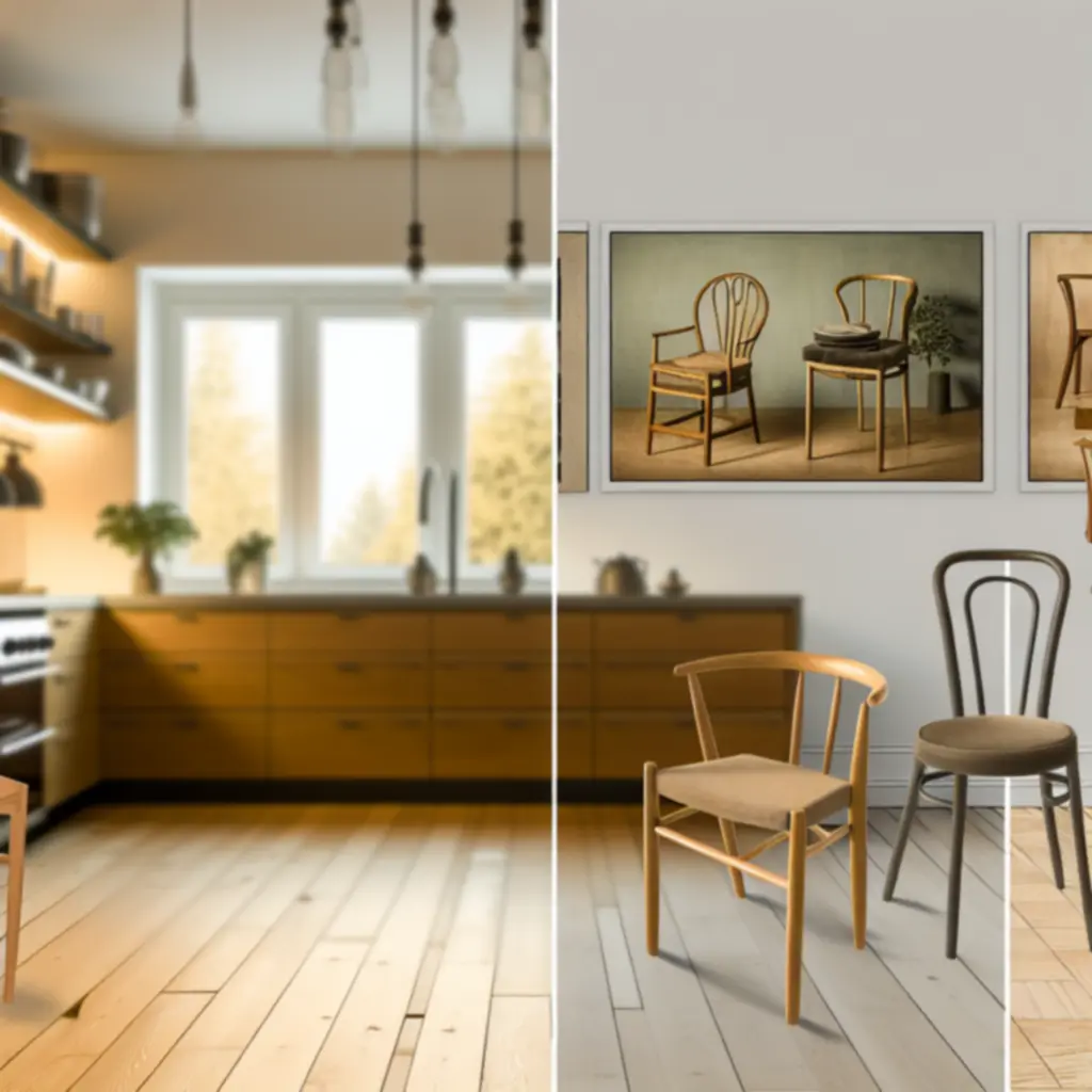 Rząd nowoczesnych krzeseł kuchennych w różnych stylach