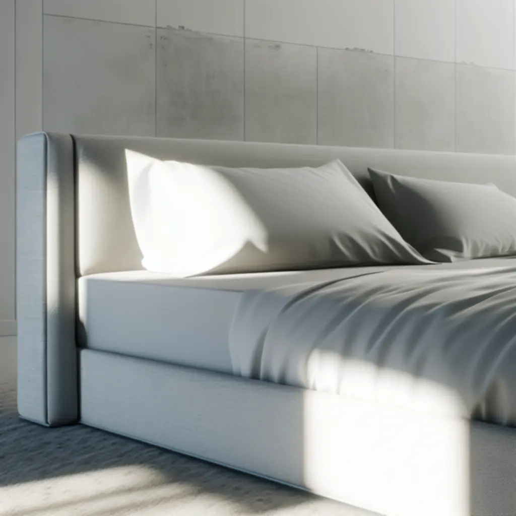 Nowoczesne łóżko z pojemnikiem i tapicerowanym wezgłowiem w aranżacji sypialni