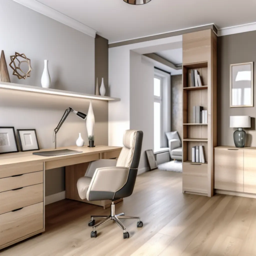 Nowoczesne domowe biuro z biurkiem, ergonomicznym fotelem i półkami Doma Furni